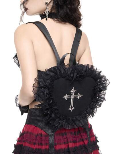 Goth Black Lace Trim Fashionable Portable Women's Backpack Valentines