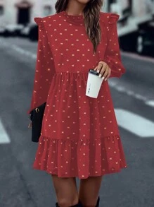 SHEIN Clasi 女士蝴蝶结金色盖袖荷叶边下摆连衣裙 - 彩色 - 查看 6