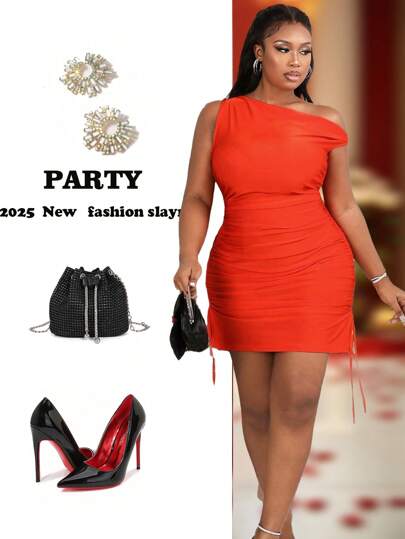 Slaydiva Sexy Party/Valentine's Day Red Party Plus Size Women Elegant Sexy Red Solid Color One Shoulder Drawstring Asymmetrical Bodycon Mini Dress For New Year Party