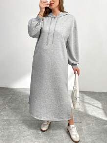 SHEIN Essnce Plus Size Women's Autumn And Winter Casual Fashion Loose Basic Long Sleeve Black Hooded Sweater Pocket Long Dress, Conservative Dress,Fall Women Clothes,Winter Women Dress