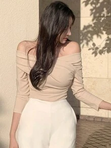 DAZY 优雅露肩设计修身女式T恤长袖女式上衣 - 淺粉色 - 查看 1