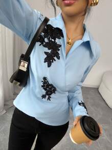 Elenzga Women's Elegant Long Sleeve Shirt, Crossover Collar, Half Placket, Ruffle Contrast Color Cuff Trim, Blue Woven Fabric, Spring/Summer