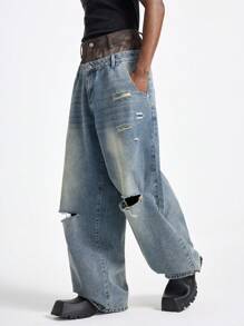 NEON BLANC Denim Cintura Dupla de Perna Larga Estilo Urbano para Homens