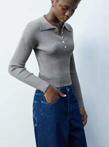 Maija Modern Versatile Women's Crew Neck Drop Shoulder Knitted Sweater With Shirt Collar, Grey, Suitable For Business Casual Wear Old Money In Fall/Winter