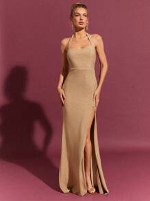 L'Amorae Square Neck Metallic Maxi Dress With Slit