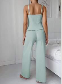 EURMUSE 2Pcs Cotton Lace Trim Cami Top With Lace Detail Homewear Set - Mint Green - View 2