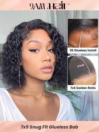Peruca Bob Onda D"água Elegante Pré-Arrancada com Nós Invisíveis, Sem Cola, Renda Transparente de 7x5 polegadas na Cor Natural 1B#. Densidade de 180%, Feita com Cabelo Humano Pré-penteado. Fácil de Usar, Ideal para Iniciantes.
