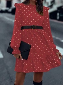 SHEIN Clasi 女士蝴蝶结金色盖袖荷叶边下摆连衣裙 - 彩色 - 查看 3