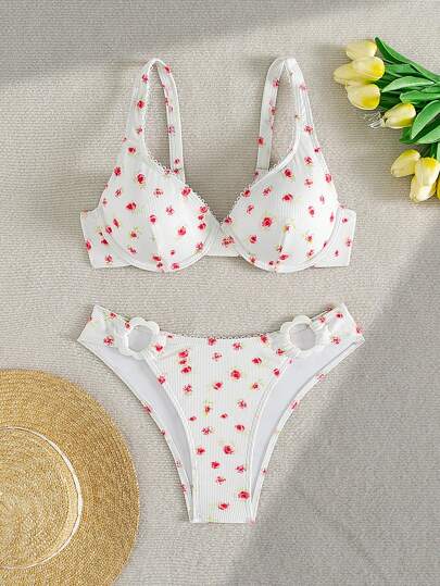 Swim Mod 夏季 1 件女式/青少年碎花两件套比基尼，带钢圈上衣和低腰下装，特殊面料