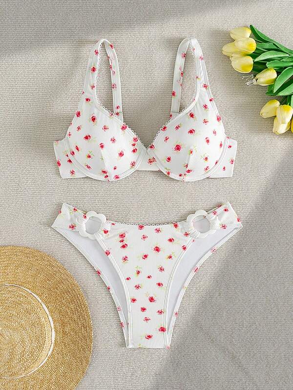 Swim Mod 夏季 1 件女式/青少年碎花两件套比基尼，带钢圈上衣和低腰下装，特殊面料