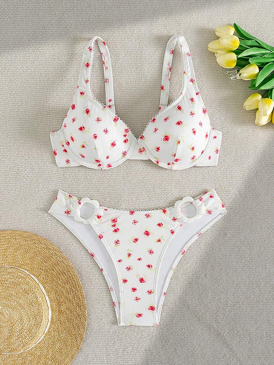 Swim Mod 夏季 1 件女式/青少年碎花两件套比基尼，带钢圈上衣和低腰下装，特殊面料 - 彩色 - 查看 1