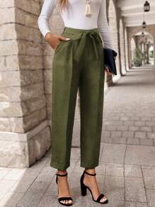 EMERY ROSE Women's Solid Color Front Tie Pocket Simple Casual Dress Pants - Army Green - View 5
