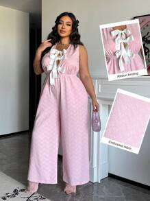 Flirla Plus Size Romantic Heart Jacquard V-Neck Tied Front Sleeveless Jumpsuit For Women, Valentine's Theme - Pink - View 3