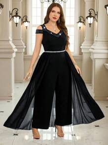 SHEIN Clasi Plus Size Elegant V-Neck Off Shoulder Studded Flowing Mesh Jumpsuit