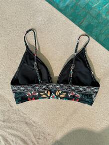 Vivid Eden Women's Spaghetti Strap Printed Minimalist Bikini Swimwear Top, Casual Bathing Suit Top, For Summer Beach Vacation