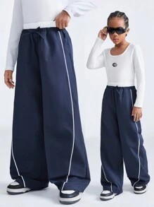 SHEIN Tween-Mädchen Frühling/Sommer Farbblock Kordelzug Taille Weites Bein Lockere Lässig hose