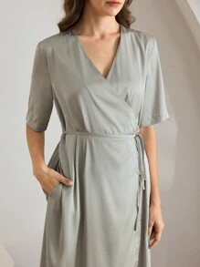 Ocili 女士柔软缎面浴袍，舒适休闲家居服 - 灰色 - 查看 4