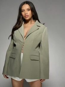MISSGUIDED PLUS Designer Plus Size Cinched Waist Blazer Professional Office Wear Double-Breasted Long Sleeve Tailored Suit Jacket Modern Business Formal Outerwear With Lapel Collar Fall Winter - Green - View 1