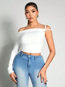 Zolique Femmes Top style couleur unie à col asymétrique, manches longues, taille courte et ajusté