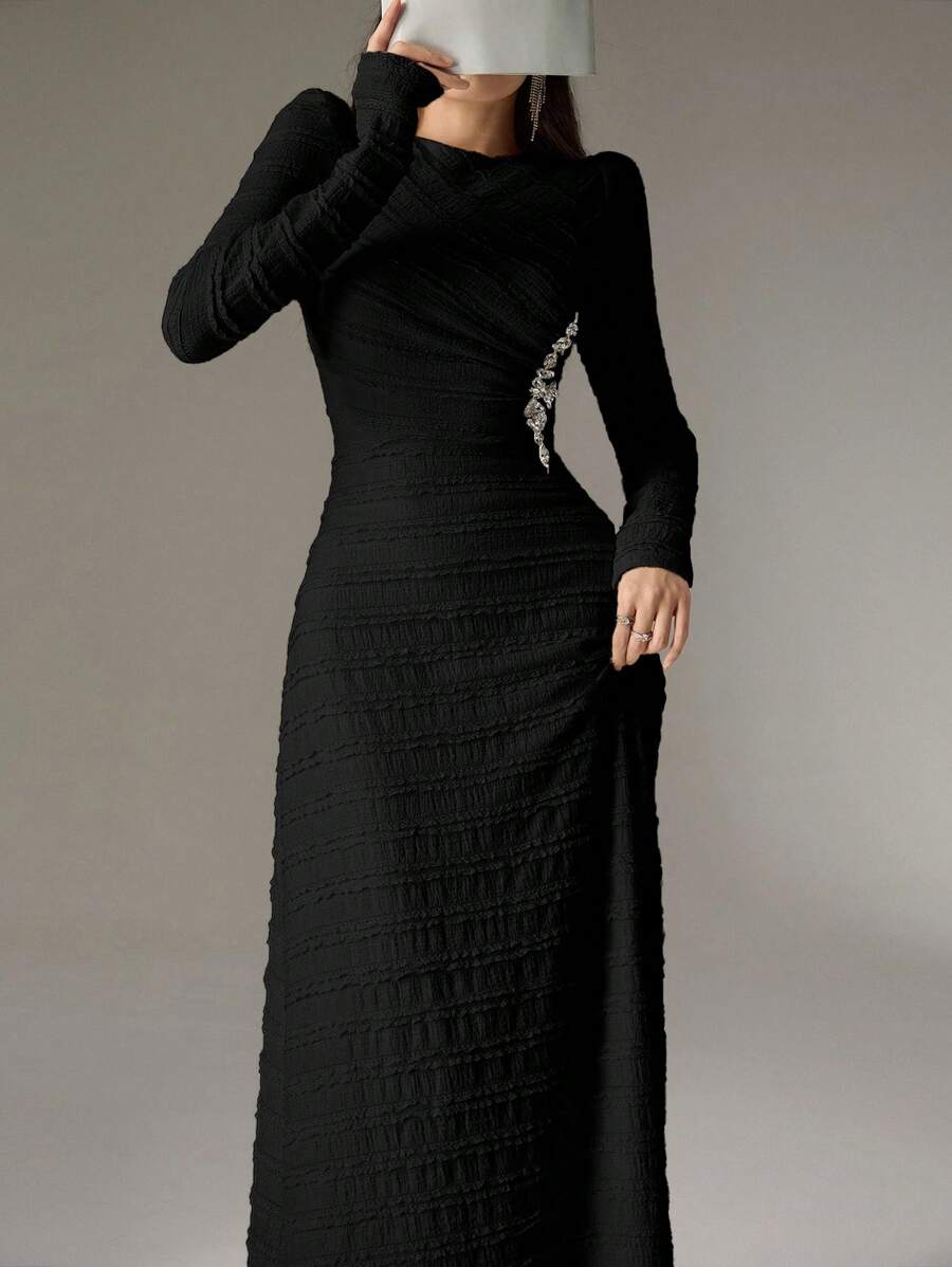 Modelyn Women's Crew Neck Long Sleeve Ruched Rhinestone Embellished Elegant Arabic Style Dress - Black - View 1