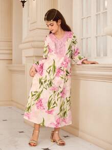 SHEIN Tween Girls Floral Print Contrast Lace Long Sleeve Loose Dress - Multicolor - View 3