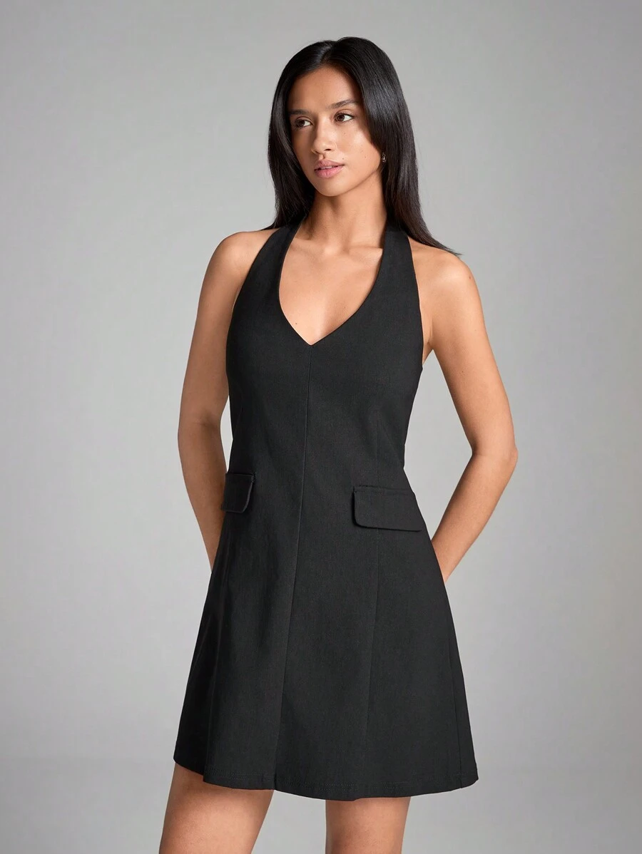 SHEIN EZwear Women's Summer Solid Color Short Simple And Elegant Halter Mini Dress - Black - View 1