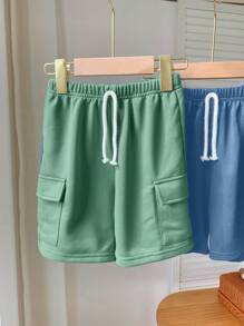 SHEIN 3pcs Young Boys Casual Sports College Street Style Cute Plain Drawstring Waist Loose Knit Shorts, Suitable For Daily Wear, School, Outing, Sports, Spring & Summer