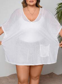 SHEIN CURVE+ Summer Beach Plus Solid Batwing Sleeve Cover Up Boho Vacation - White - View 3