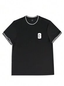 Manfinity LEGND Plus Size Men's Casual Color Block Letter Trim Short Sleeve T-Shirt - Black - View 3