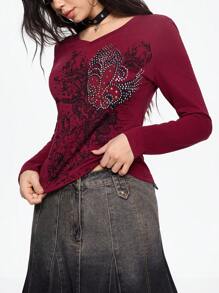 ROMWE Grunge Punk Áo thun tay dài in họa tiết đá pha lê cổ chữ V ngày lễ tình nhân cho nữ - Màu Đỏ Sâu - Xem 2