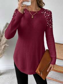 SHEIN LUNE 女士休闲毛衣，饰有仿珍珠圆领针织套头衫，适合秋冬季穿着 - 酒紅色 - 查看 7