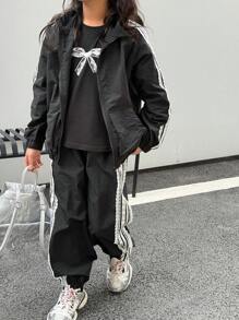 DAZY 2pcs Tween Girls Striped Lace Patchwork Zip Front Jacket And Pants Set, Autumn - Black - View 1