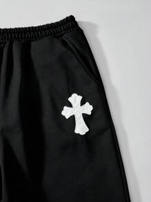 SHEIN Teens/Youth Boys' Casual Loose Knit Sweatpants With Cross-Stitched Embroidery - Black - View 5