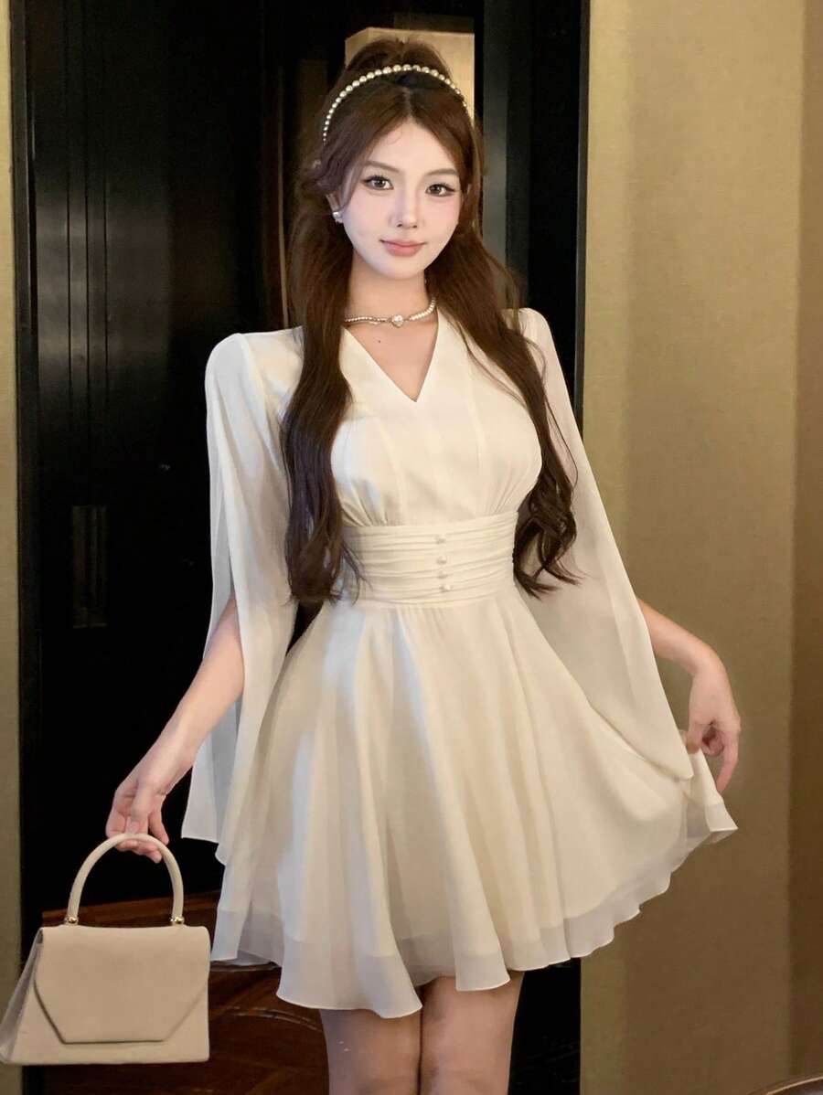 DAZY Women V-Neck Long Sleeve Minimalist Elegant Short Party Dress Prom Dress Sundress,Fall Dress