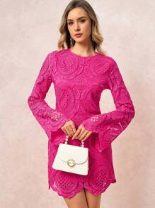 SHEIN Clasi 女装新年亮色喇叭袖短款蕾丝连衣裙情人节连衣裙春季女装红色女连衣裙 - 玫紅色 - 查看 5
