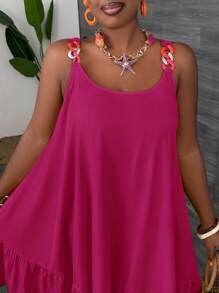 Slaydiva Casual V-Neck Solid Color Chain Strap A-Line Summer Dress - Violet Purple - View 5