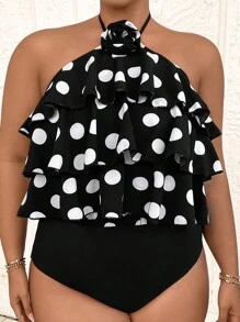 SHEIN Clasi Plus Size Summer Elegant Layered Ruffle Floral Decor Halter Bodysuit