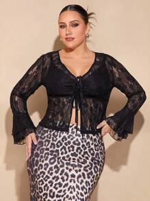 SHEIN BAE Damen Große Größen Schwarze Schnürbluse mit Langen Ärmeln, durchsichtige Bluse geeignet für Date, Lässig, Rüschen Langarm Top, Schwarze Bluse, Valentinstag Kleidung, Büro Damen, Frühling Damen, Valentinstag Damen, Valentinstag Geschenk, Brasilianischer Karneval, Junggesellinnenabschied, Westliche Damenblusen, Ostern, Einschulung Kleidung, Elegante Bluse, Sexy Hemd, Y2K - Schwarz - Übersicht 3