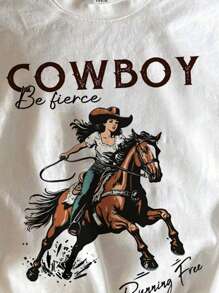 SHEIN Leap Crew Casual Vintage Nomadic Style Cowboy, Tween Girl Minimalist Short Sleeve Round Neck T-Shirt, Suitable For Summer - White - View 4