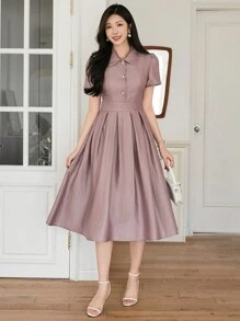 DAZY 优雅的婚礼宾客礼服女式，纯色翻领褶皱泡泡袖中长夏季连衣裙太阳裙衬衫裙 - 粉色 - 查看 1