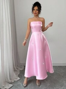 Elenzga Solid Color Halter A-Line Mid-Long Rhinestone Embellished Elegant Dress For Women, Valentine's Day - Pink - View 3