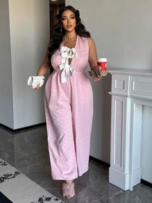 Flirla Plus Size Romantic Heart Jacquard V-Neck Tied Front Sleeveless Jumpsuit For Women, Valentine's Theme - Pink - View 1