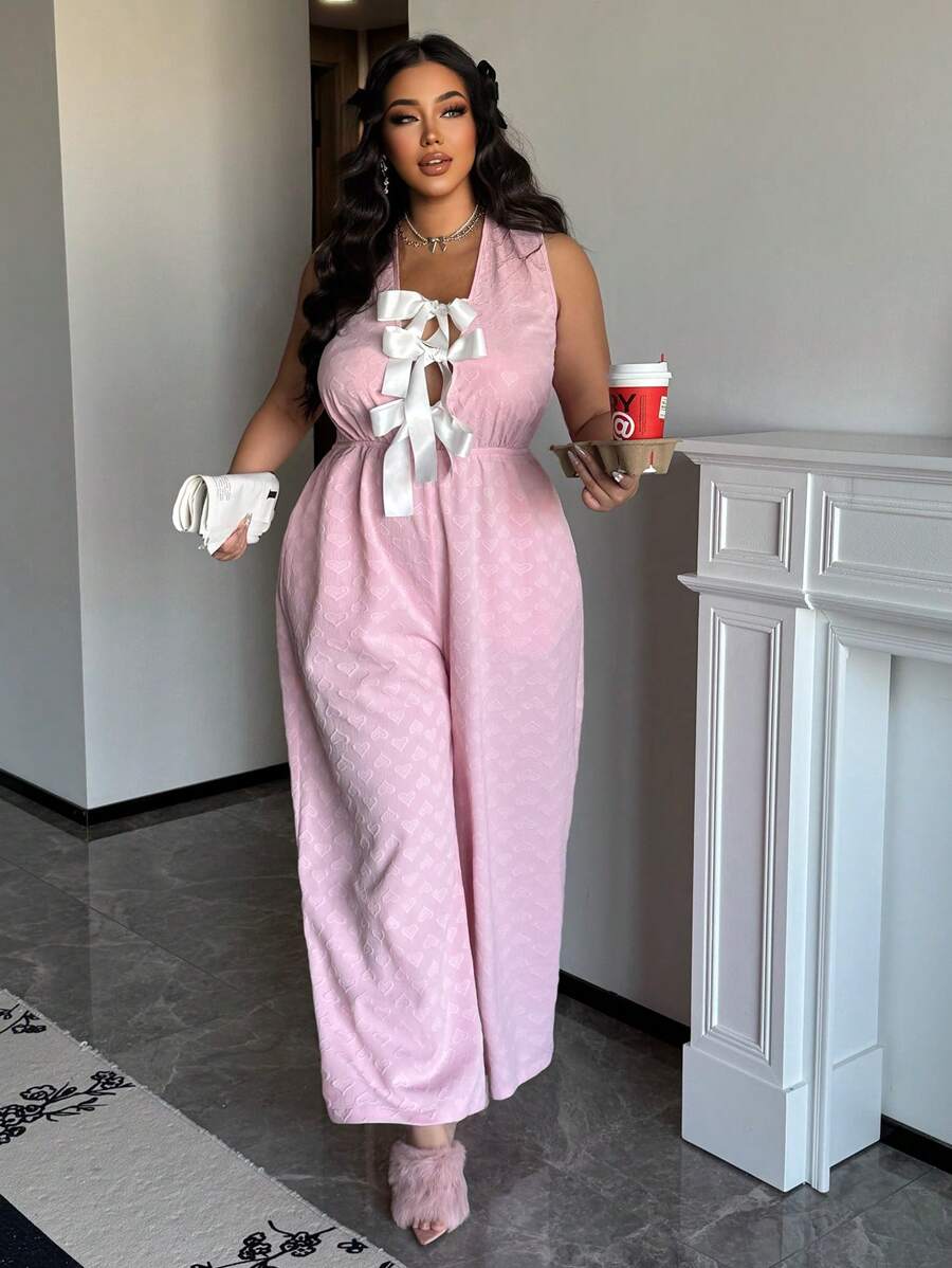 Flirla Plus Size Romantic Heart Jacquard V-Neck Tied Front Sleeveless Jumpsuit For Women, Valentine's Theme - Pink - View 1