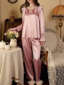 Côtesoire Ensemble de pyjama femme avec Top à manches longues avec volants en satin et pantalon