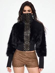 ROMWE Grunge Punk Spring Luxury  Women Short Faux Fur Splicing PU Black Leather Jacket, Slim Fit - Black - View 4