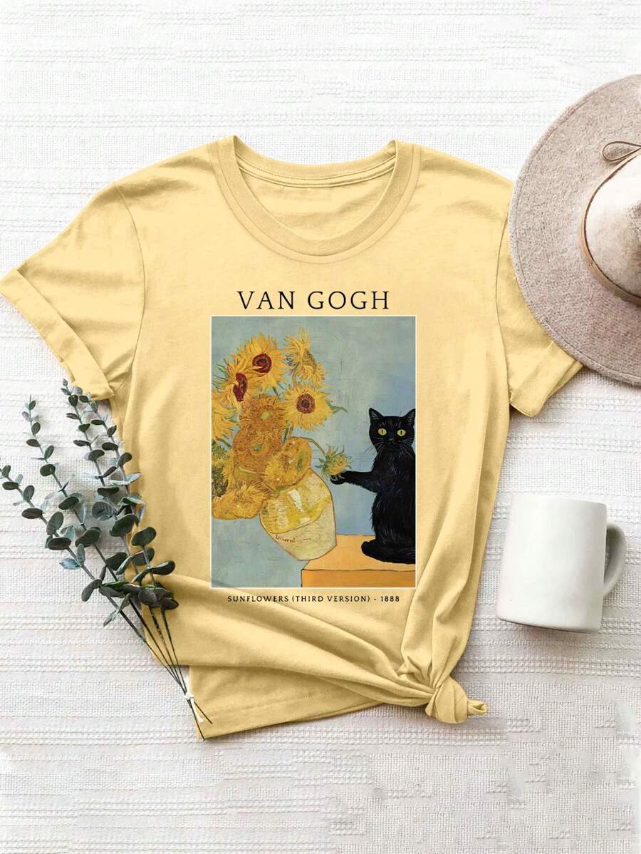 INAWLY Women's Round Neck T-Shirt With Funny Cat & Van Gogh Sunflower Graphic Print - Yellow - View 1