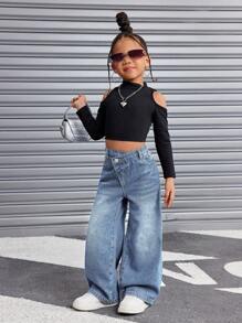 SHEIN 年轻女孩 Y2K 复古蓝色不对称腰部宽松牛仔裤，秋冬季，感恩节