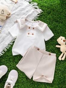 2pcs Baby Boy/Girl Cute Summer Casual Holiday Navy Collar Contrast Color Short Sleeve Shirt And Elastic Waist Shorts Set, Suitable For Birthday Party, Evening Party, Performance, Wedding, Baby Shower, One-Year-Old Celebration