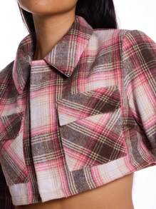 MUSERA Plaid Boxy Cropped Collared Long Sleeve Jacket Clothes
