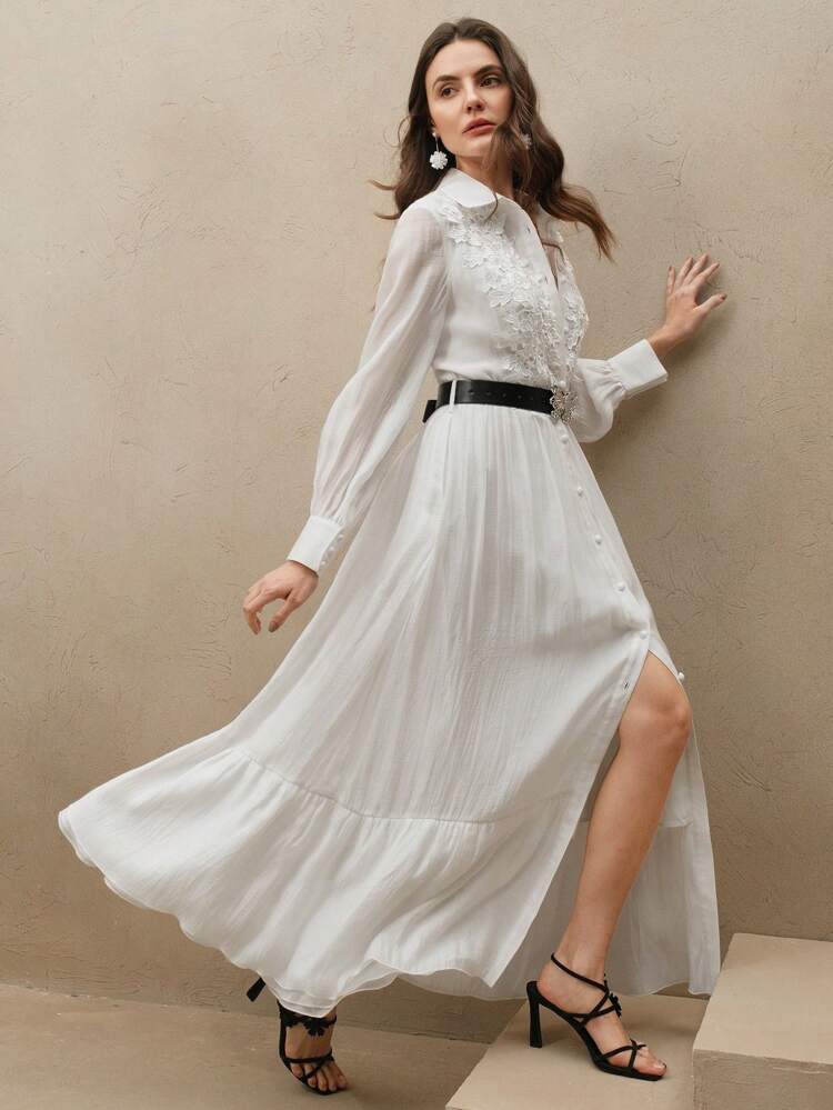 Nuevo vestido largo elegante de fiesta para mujer de gasa blanca con panel de encaje